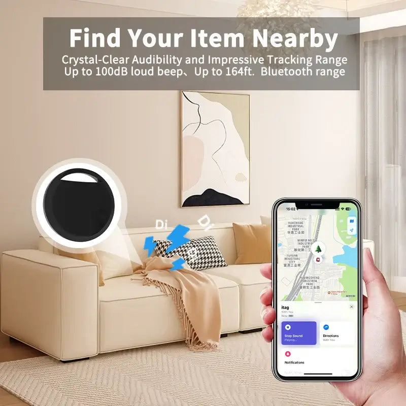 Anti-loss tracker showing Bluetooth range and app interface for locating items nearby with 100dB sound.