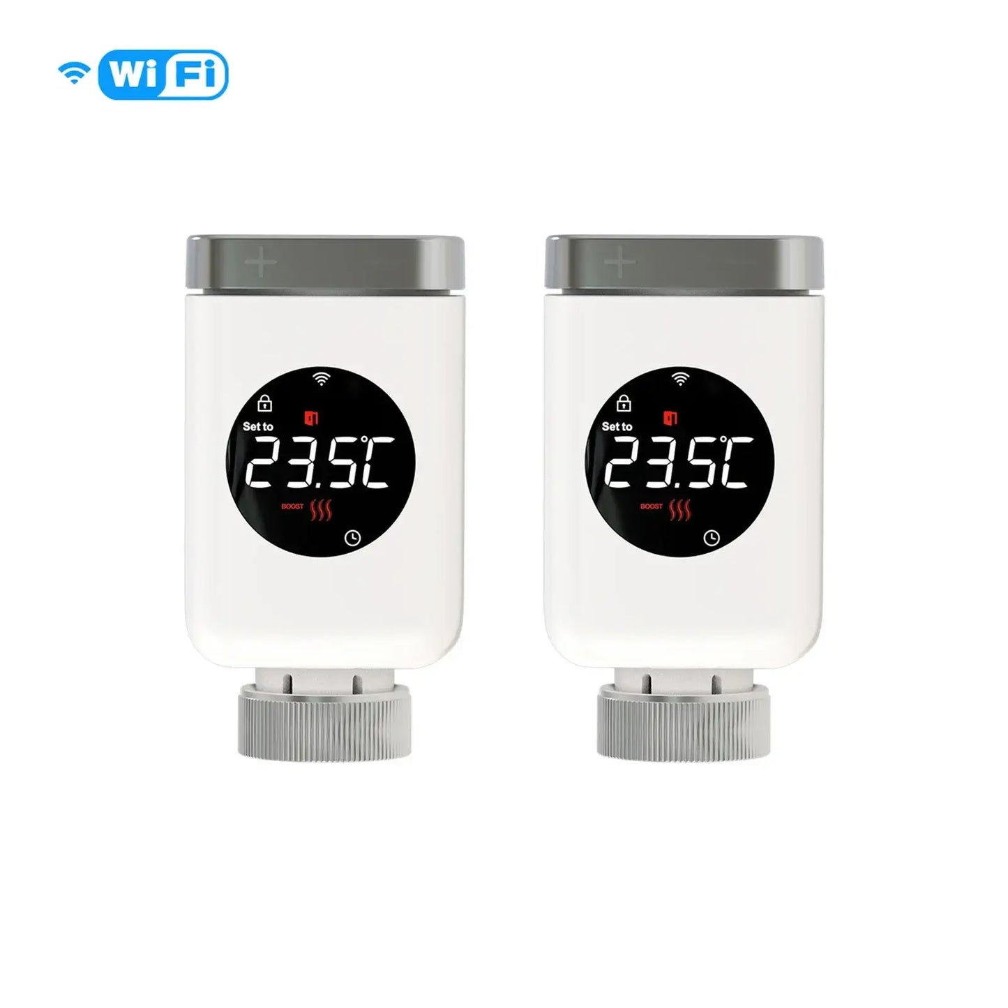 HeatFlow Smart Radiator Valves with WiFi, programmable temperature display set to 23.5°C, energy-efficient home heating.