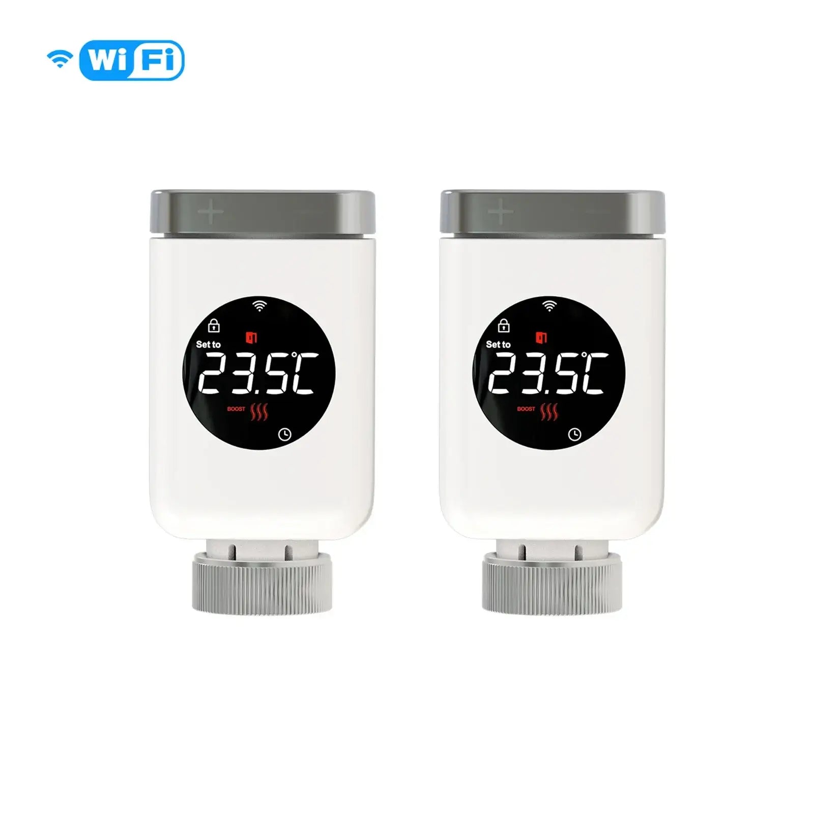 HeatFlow Smart Radiator Valves with WiFi, programmable temperature display set to 23.5°C, energy-efficient home heating.