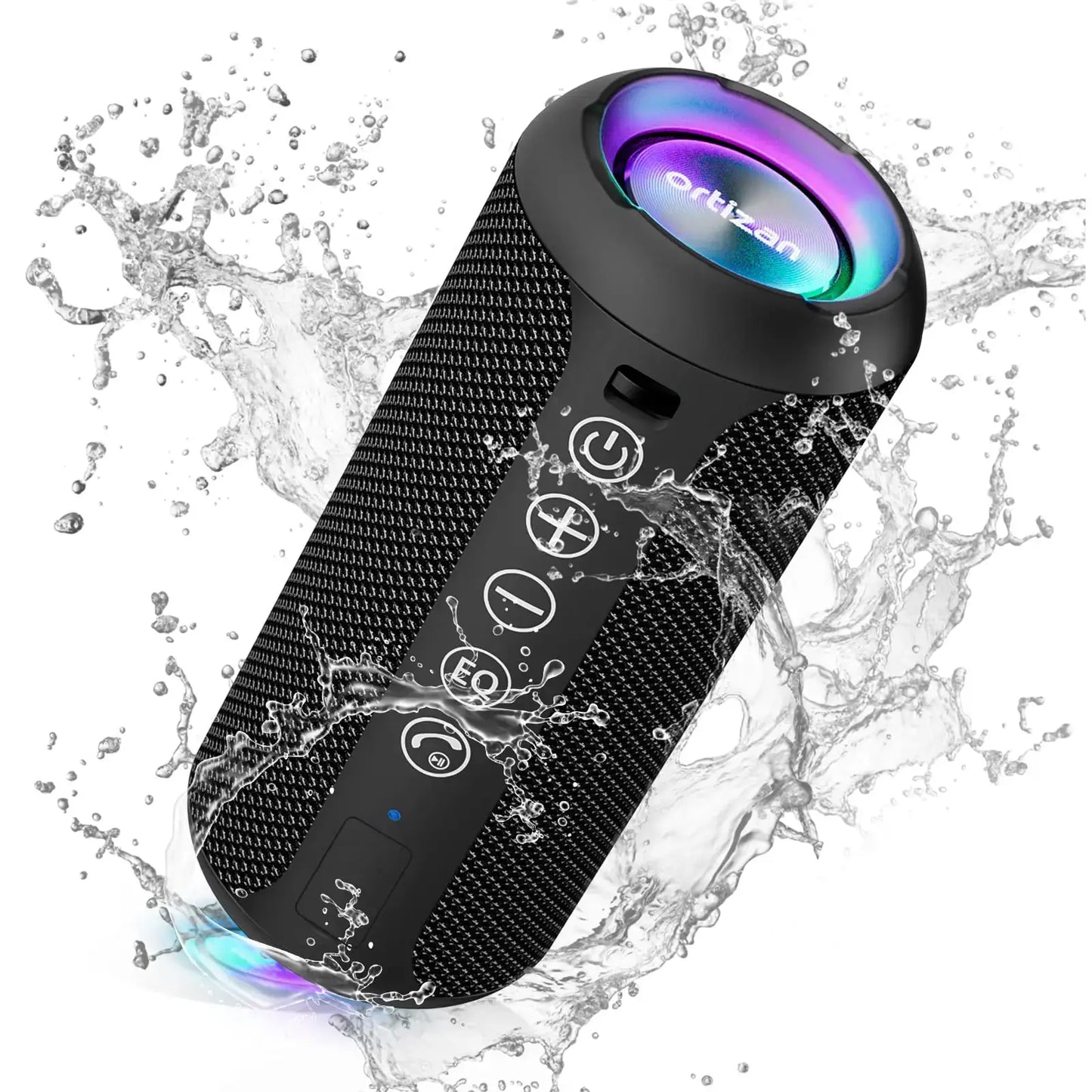 Ortizan X10 Portable Bluetooth Speaker with RGB lights and IPX7 waterproof design, showcasing vibrant sound and style.