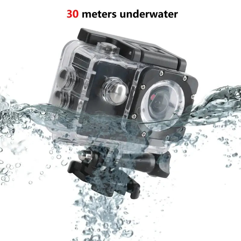 HD Waterproof Sports Action Camera submerged 30 meters underwater, capturing stunning underwater footage.