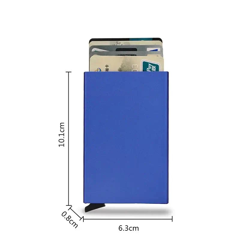 Blue RFID smart wallet with sleek design, featuring multiple cards and dimensions detailed on the side.