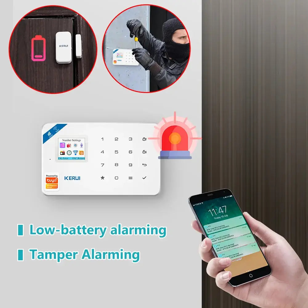Smart home alarm system with low-battery and tamper alarming features, smartphone integration for alerts.