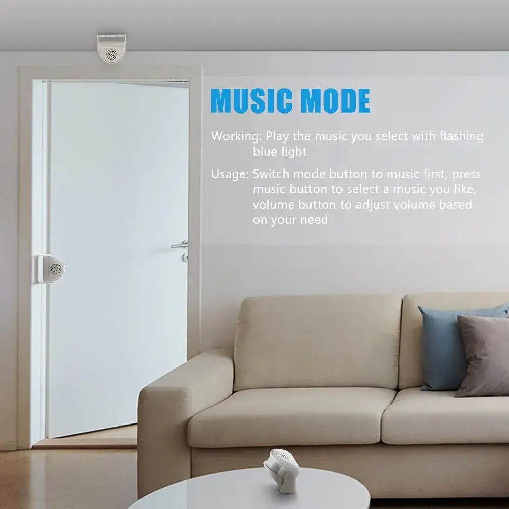 Wireless PIR motion sensor with music mode instructions in a modern room setting.