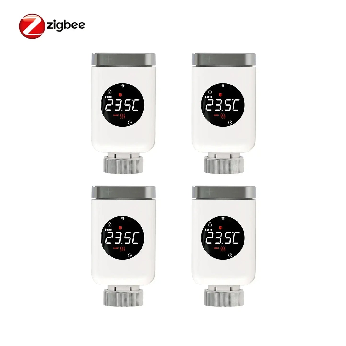 Set of four HeatFlow Smart Radiator Valves displaying temperature settings for intelligent home heating control.