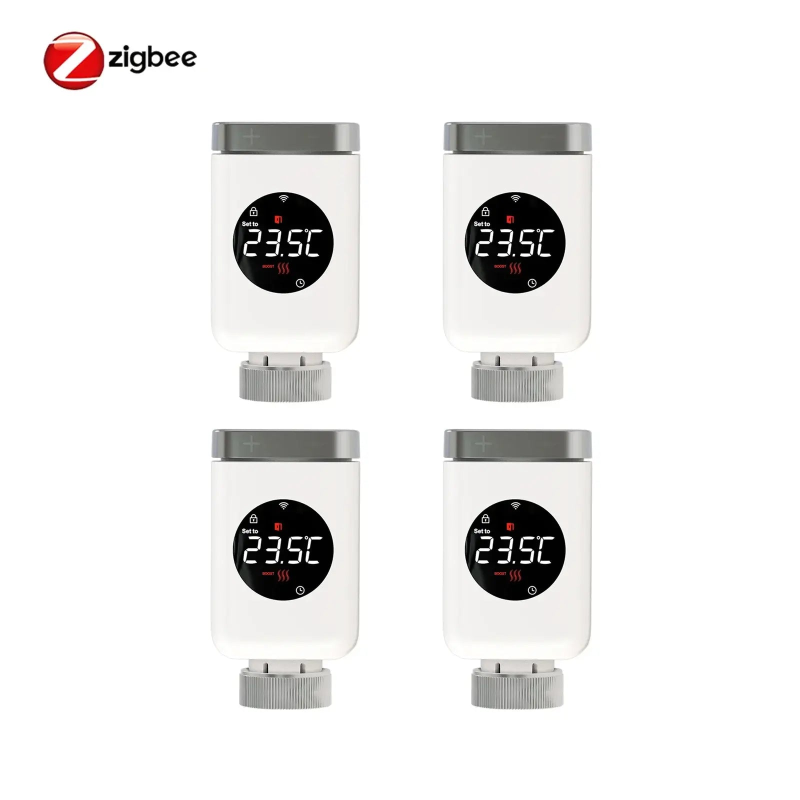 Set of four HeatFlow Smart Radiator Valves displaying temperature settings for intelligent home heating control.