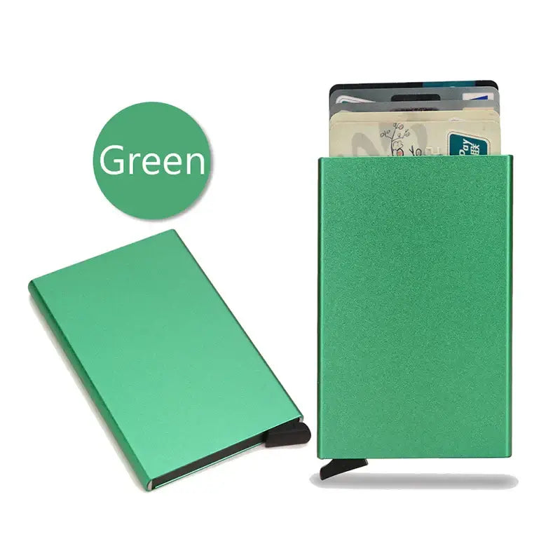 Green RFID smart wallet in a slim metal design, featuring RFID-blocking technology for secure card protection.