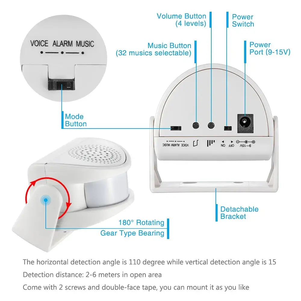 Wireless PIR motion sensor welcome chime with customizable sounds and 90dB alert features, showing buttons and detachable bracket.