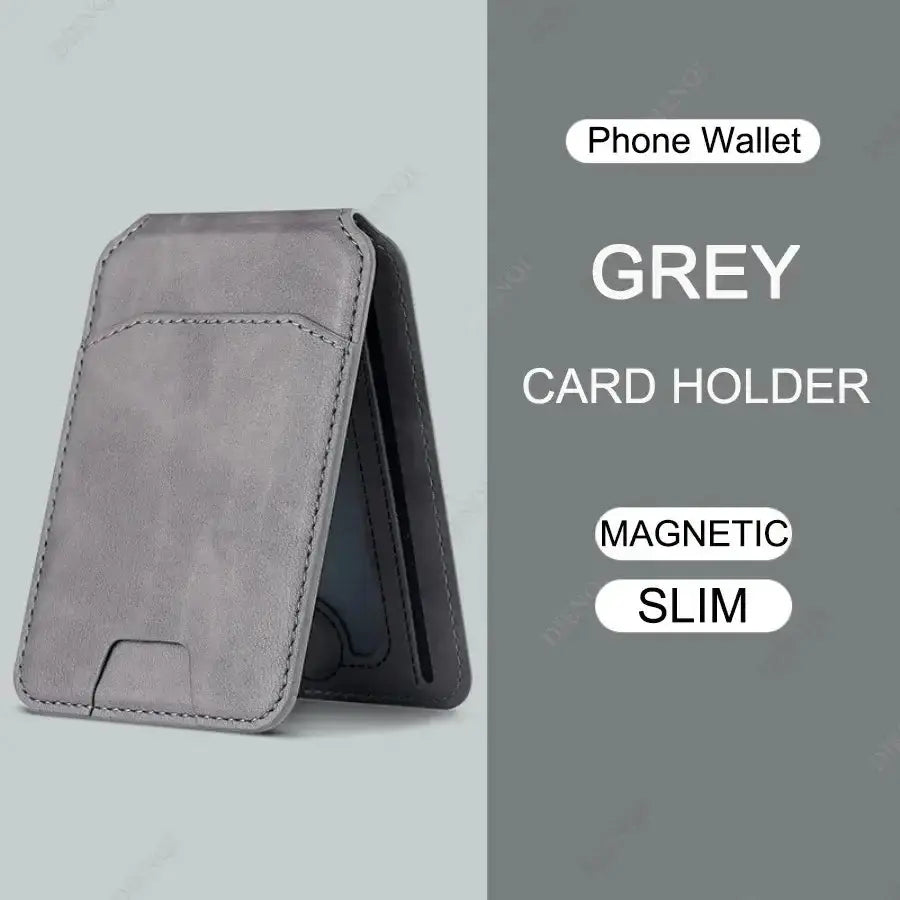 Grey SlimMag Magnetic Card Wallet & Stand for iPhone and Android, stylish and functional phone accessory.