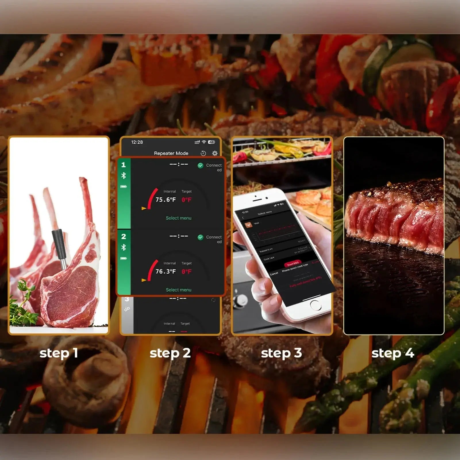 Step-by-step guide to using the GrillMate Pro Bluetooth thermometer with USB apps and delicious grilled meat.