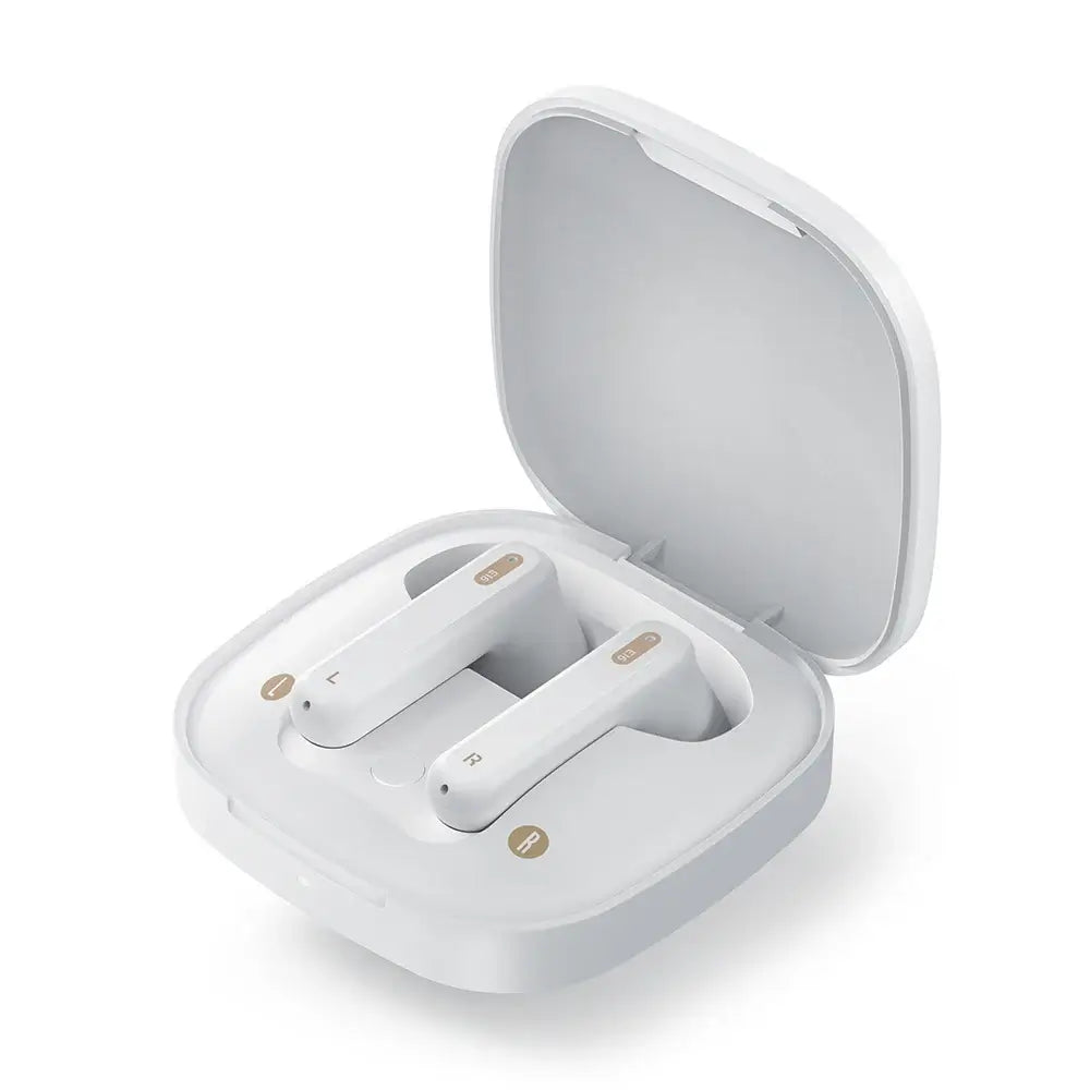 E16 Wireless Earphones in charging case, showcasing sleek design and Bluetooth technology for ultimate convenience.