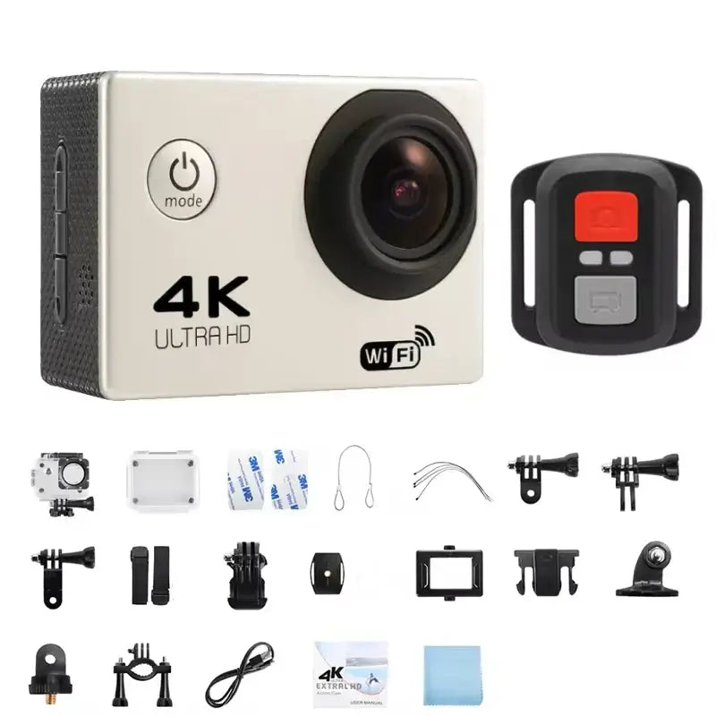4K Ultra HD action camera with WiFi, includes various mounts, remote control, and accessories for adventure filming.