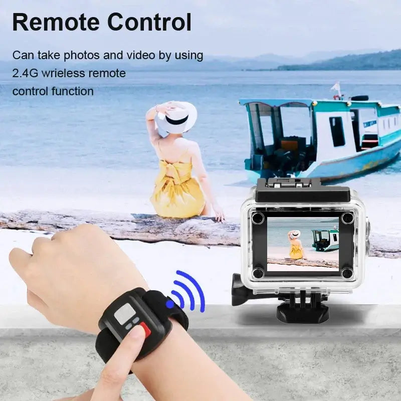 User controlling HD waterproof action camera with wireless remote on beach setting, capturing outdoor adventure.