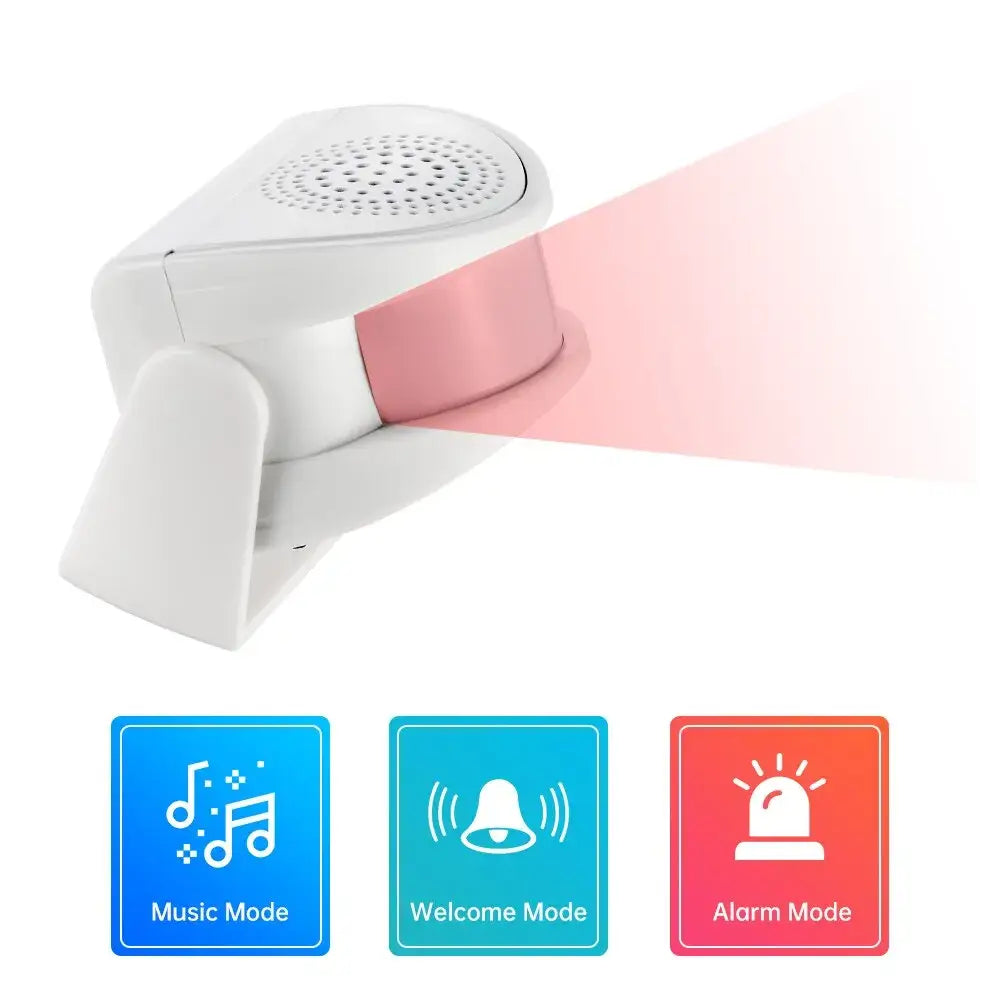 Wireless PIR motion sensor chime with customizable music, welcome, and alarm modes for home security.