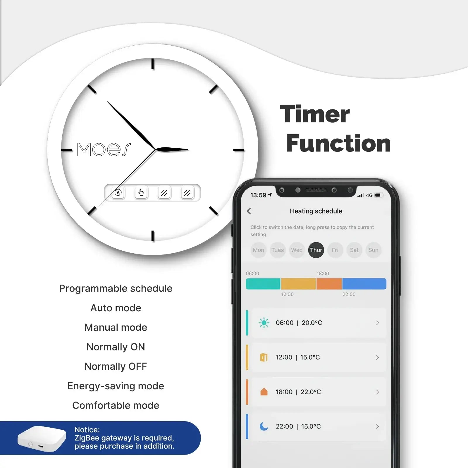 Timer function display for HeatFlow Smart Radiator Valve showing schedule modes and settings on a smartphone.