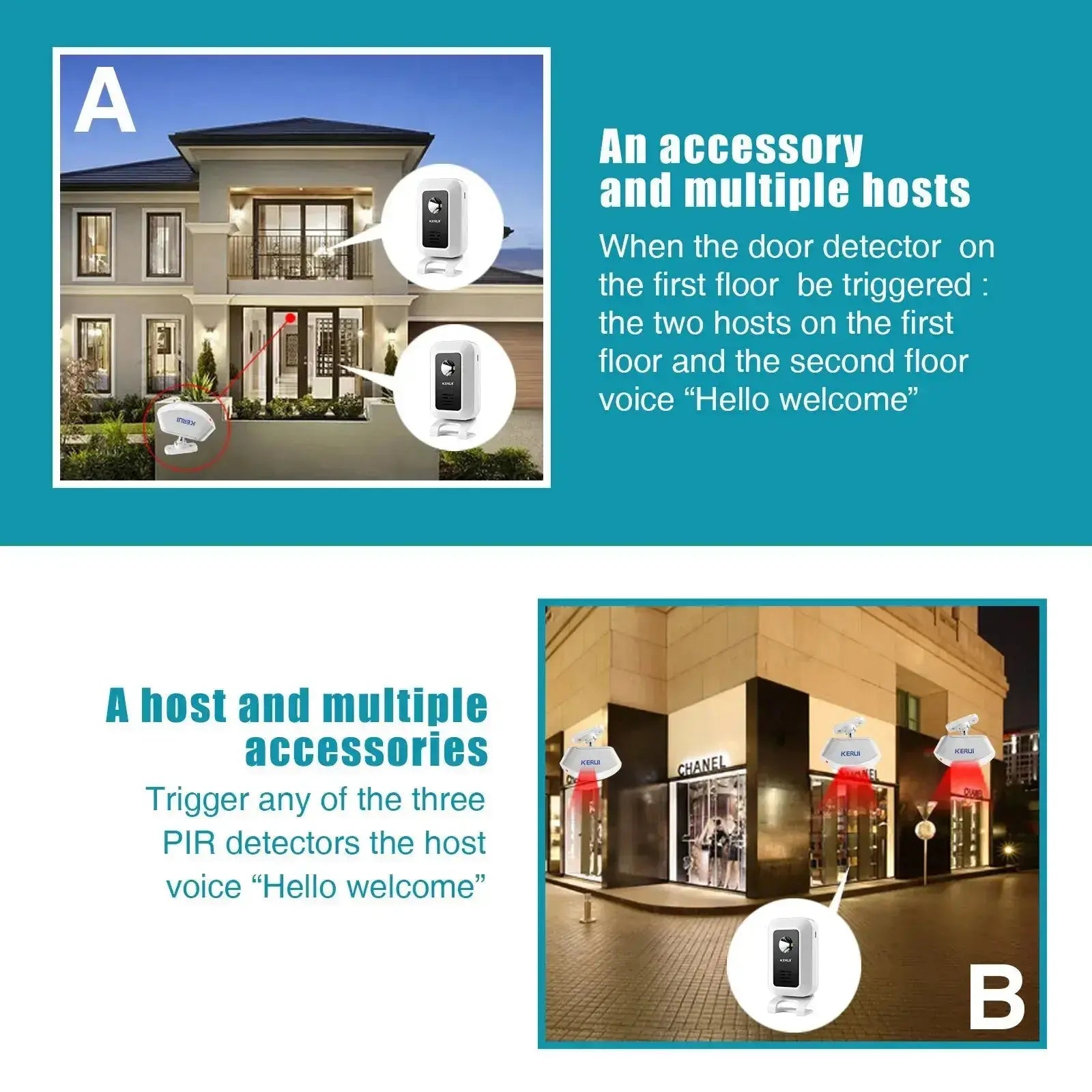 Image illustrating the use of a wireless doorbell chime with multiple hosts and accessories for enhanced security.