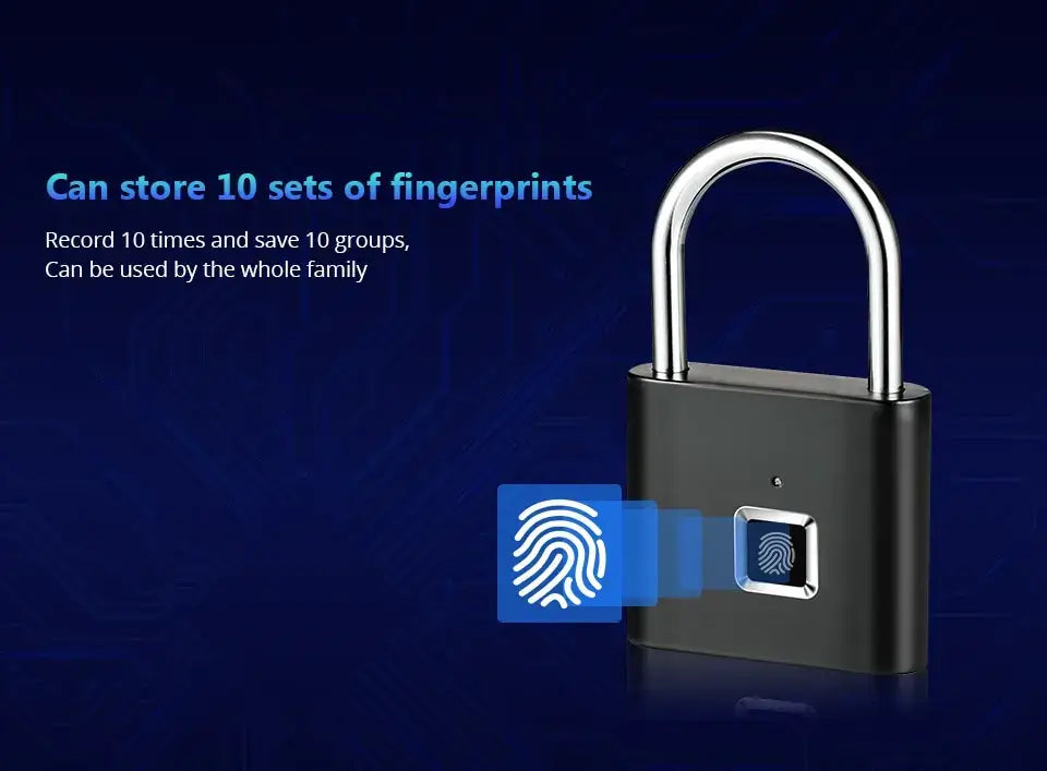Fingerprint smart padlock that stores 10 sets of fingerprints for family access and security.