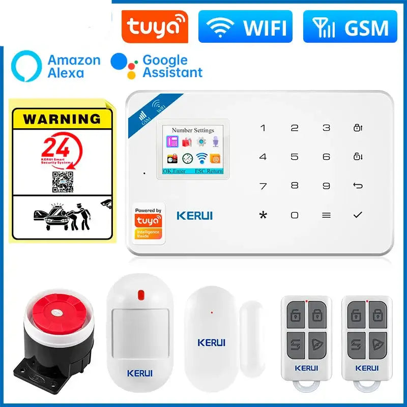 W181 Smart Home Security Alarm System, featuring Tuya app control, Alexa, Google Assistant compatibility, and sensors.