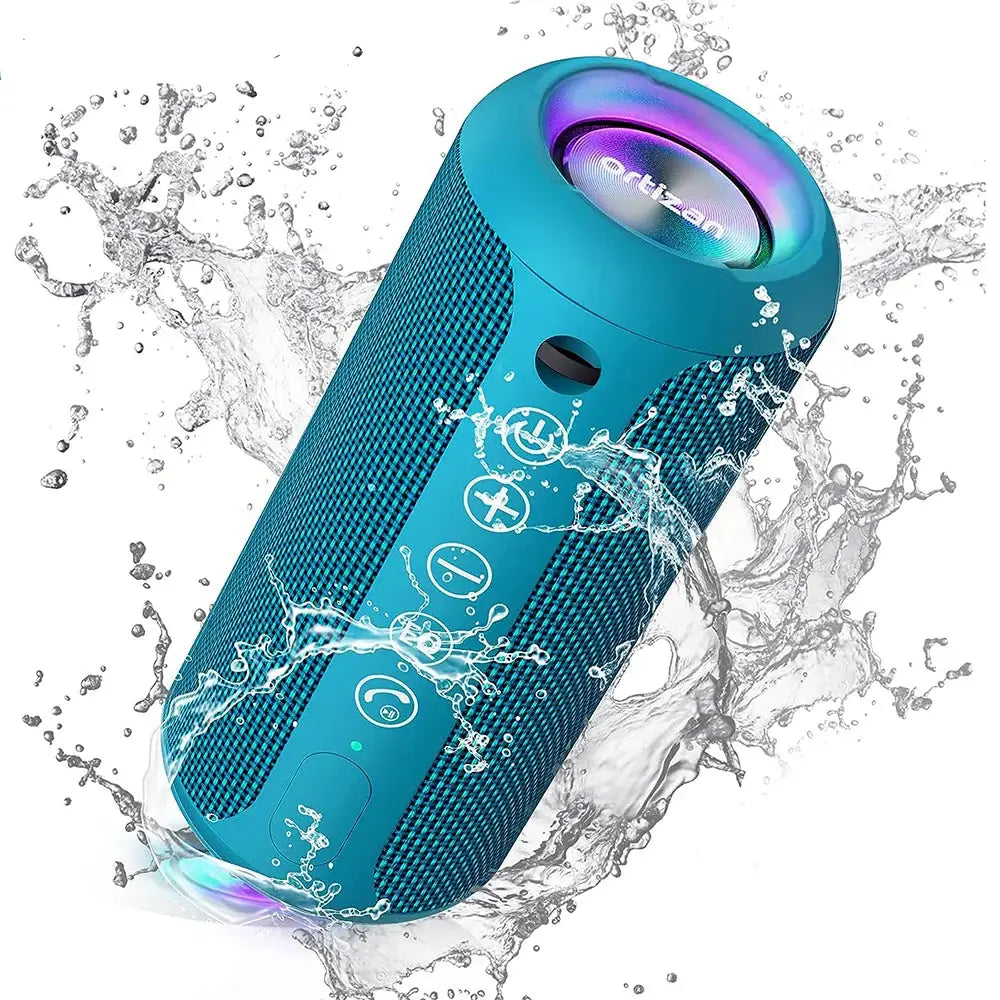 Ortizan X10 Portable Bluetooth Speaker with IPX7 waterproof design, RGB lights, and powerful stereo sound.