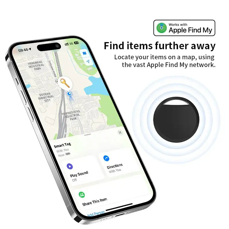 Apple Find My compatible anti-loss tracker displayed on a smartphone map for easy item location.