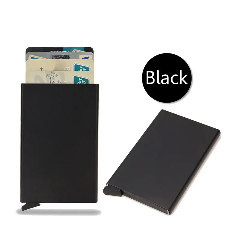 RFID smart wallet in black, slim design with card slots, offering style and security for everyday use.
