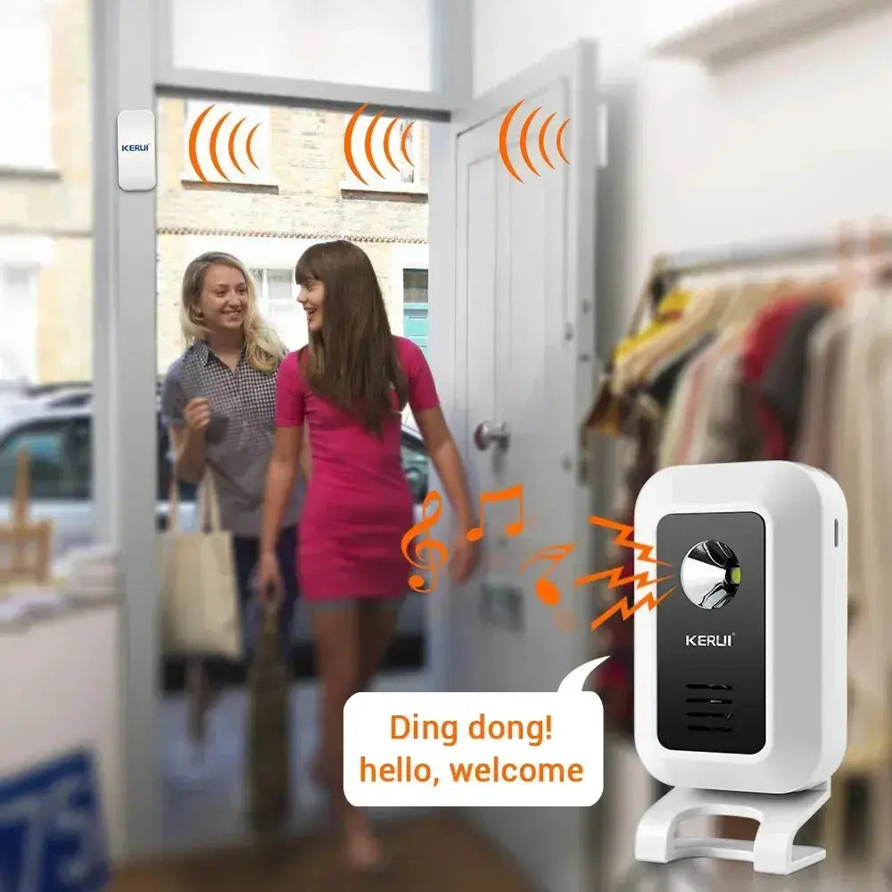 Wireless motion sensor doorbell chime welcoming guests with customizable ringtones and security alert.