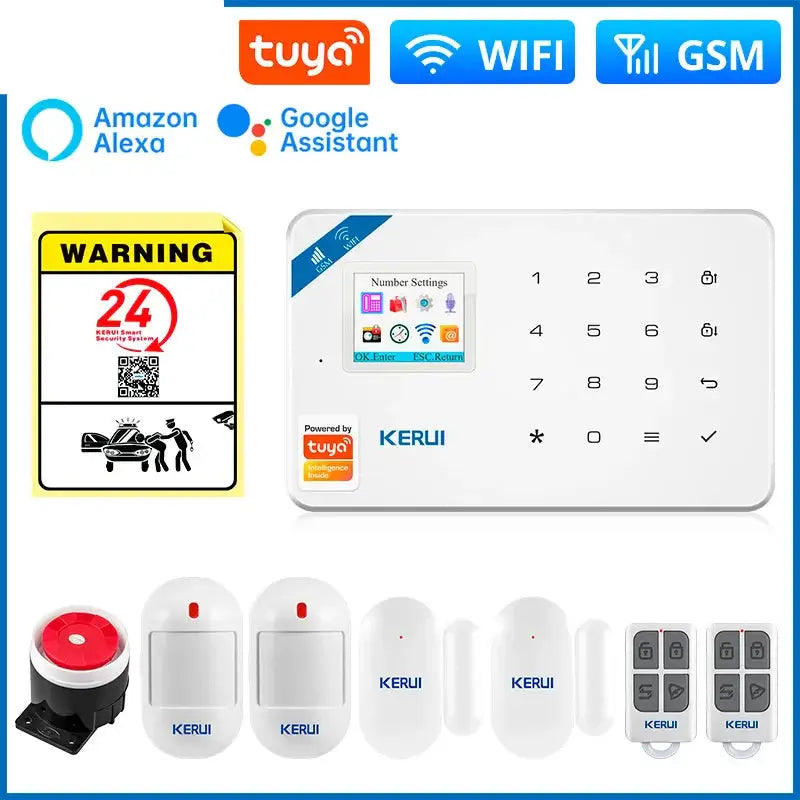 Smart Home Security Alarm System W181 with sensors, Alexa, Google Assistant, and Tuya app control features.