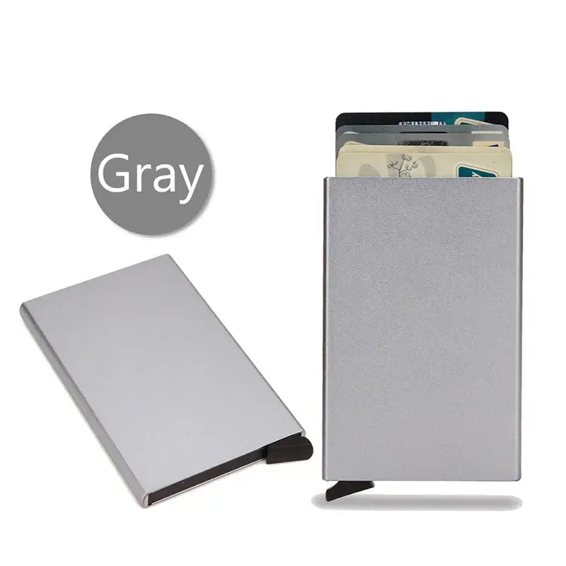 Gray RFID smart wallet with a slim metal design, featuring RFID-blocking technology for secure card storage.