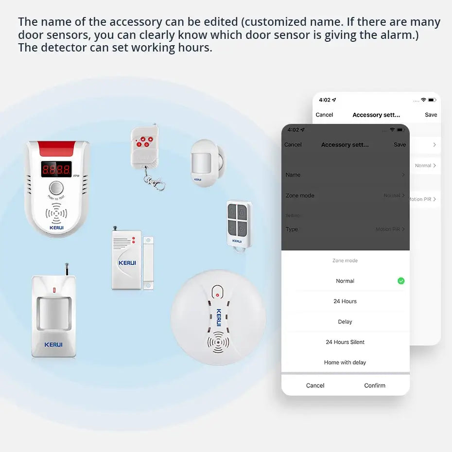 Tuya Smart WiFi Door Alarm System components, including sensors and app settings for customized security.