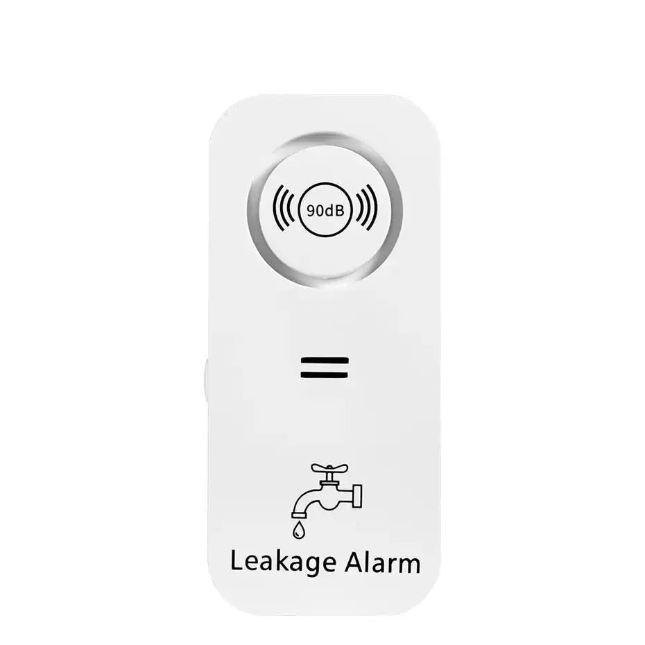 Wireless water leak sensor alarm with 90dB alert, designed to protect against water damage.