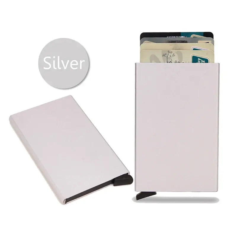Elegant silver RFID smart wallet, featuring a slim design and RFID-blocking technology for secure card protection.