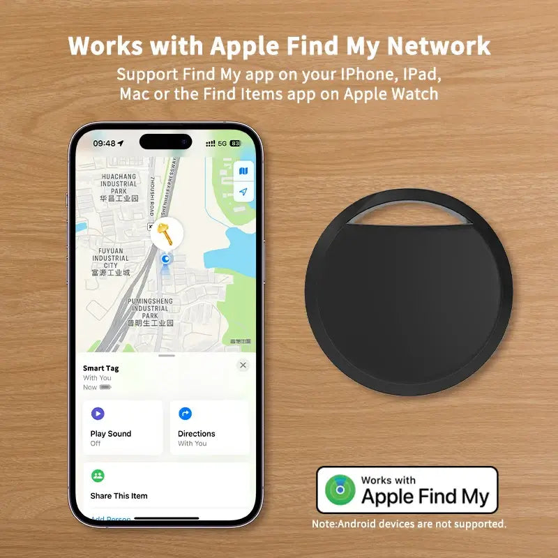 Anti-loss tracker displaying Apple Find My app on iPhone with interactive map, highlighting GPS location features.