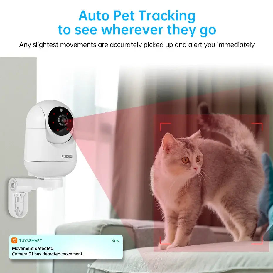 Smart WiFi pet camera with auto tracking feature detecting cat movement in home setting.