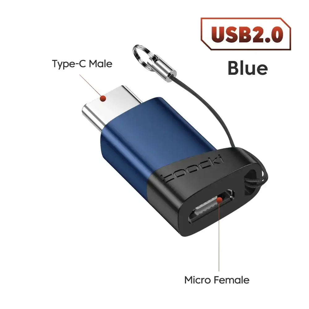 Toocki OTG adapter showing Type-C male and Micro female connectors, USB 2.0, compact blue design.