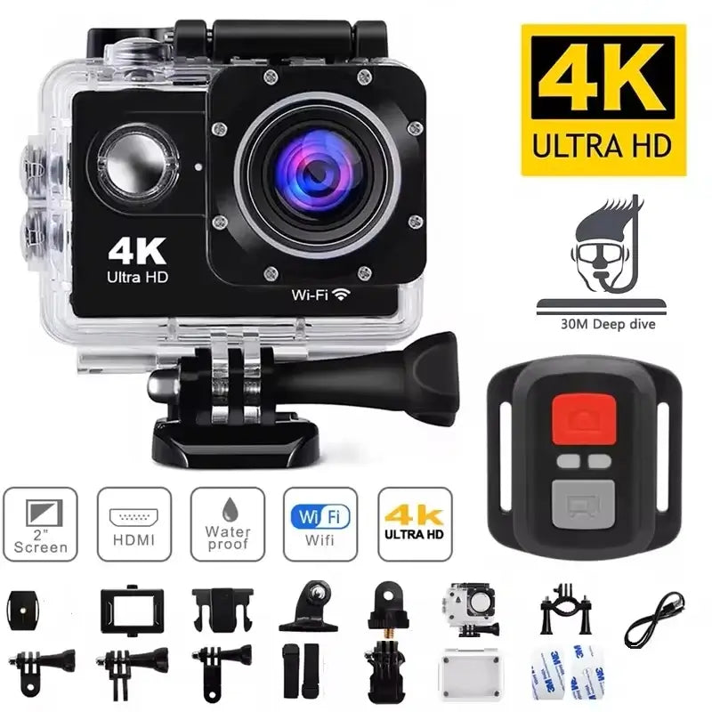 HD Waterproof Sports Action Camera with 4K Ultra HD, Wi-Fi, 30M depth, and accessories for adventure recording.