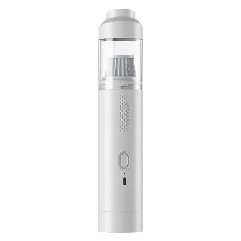 AeroVac One portable car vacuum cleaner in sleek white design, featuring a transparent dust compartment and power button.