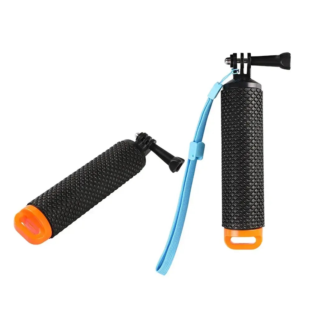 Orange Floating Hand Grip for action cameras, featuring a secure textured grip and detachable wrist strap for water adventures.