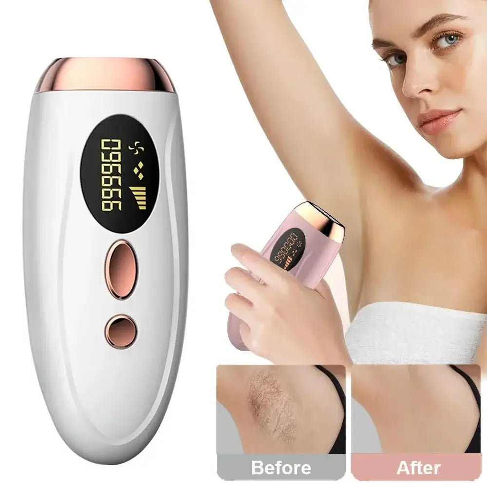 GlowSilk IPL Laser Hair Removal Device in use, showcasing effective results before and after on underarm hair.
