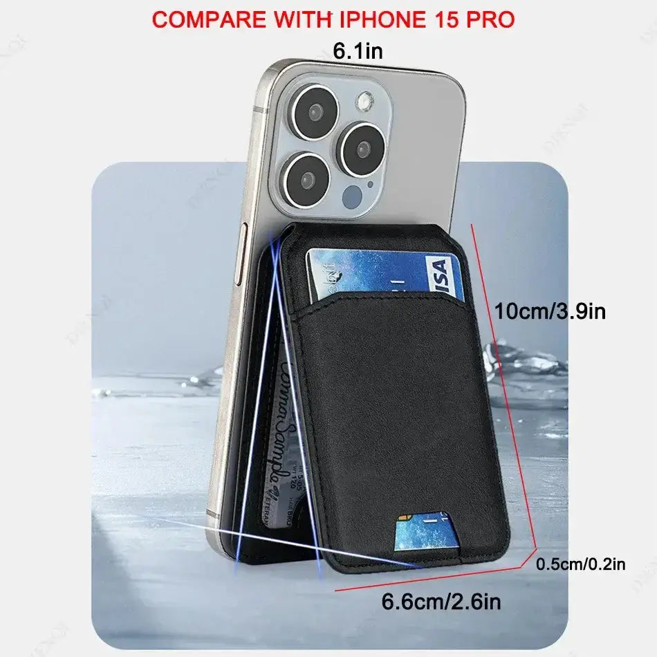 SlimMag wallet stand shown with iPhone 15 Pro, highlighting dimensions and card storage feature.