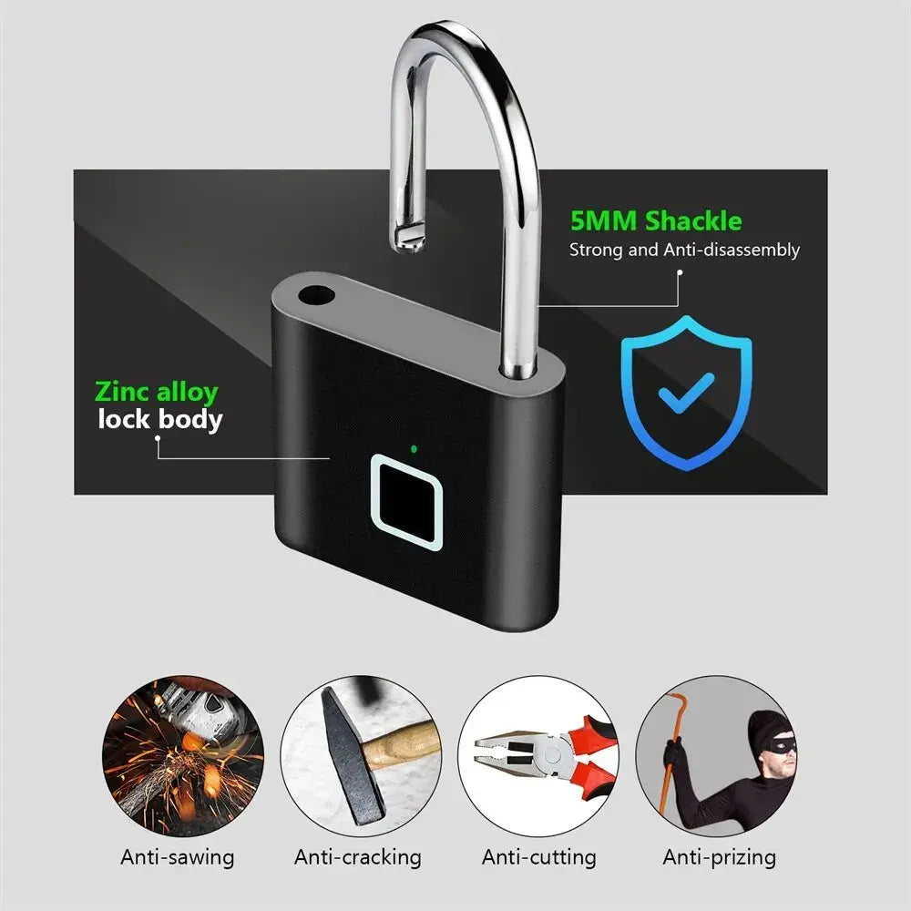 Keyless USB rechargeable fingerprint smart padlock with zinc alloy body, 5mm shackle, and advanced security features.