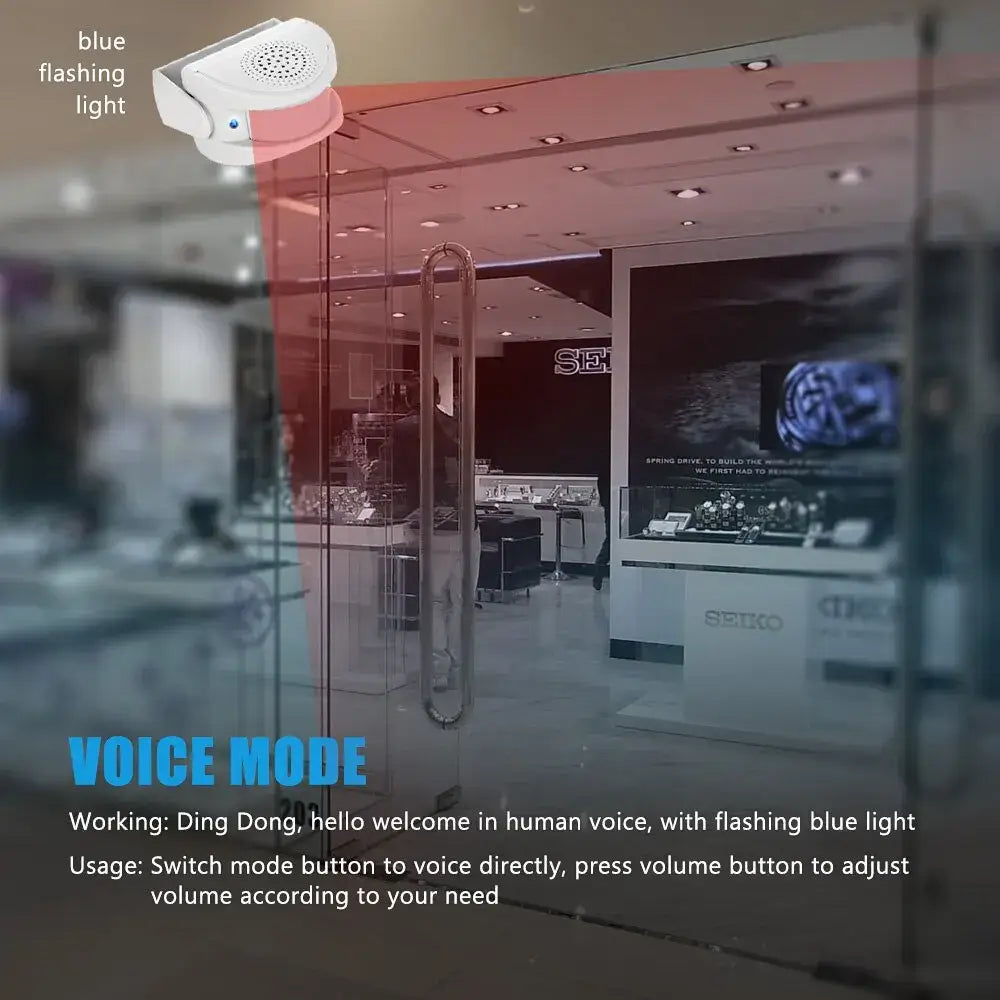 Wireless PIR motion sensor welcome chime in a store setting, featuring voice mode and blue flashing light, for alert notifications.