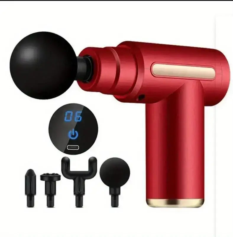 AthletePro Mini Therapy Gun in red with multiple attachments for portable deep tissue massage and recovery.