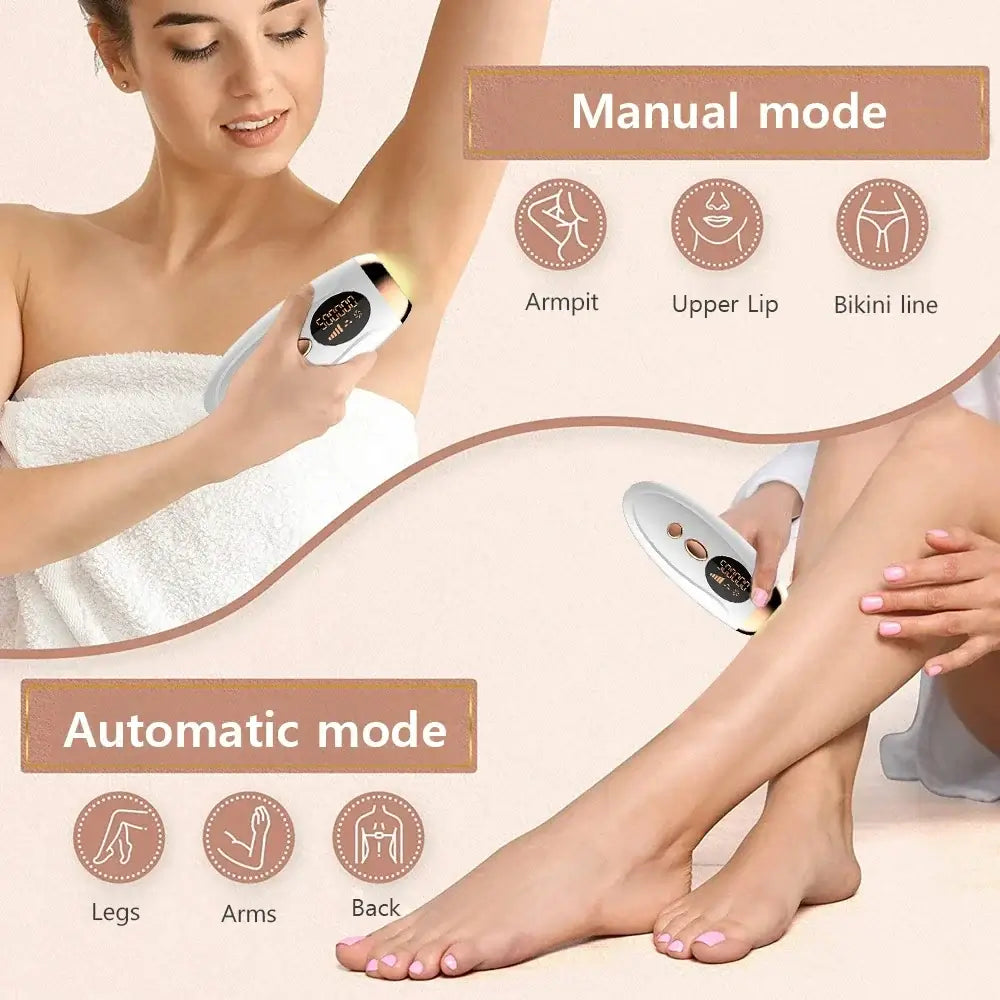 GlowSilk IPL hair removal device in use for underarms and legs with manual and automatic mode options.