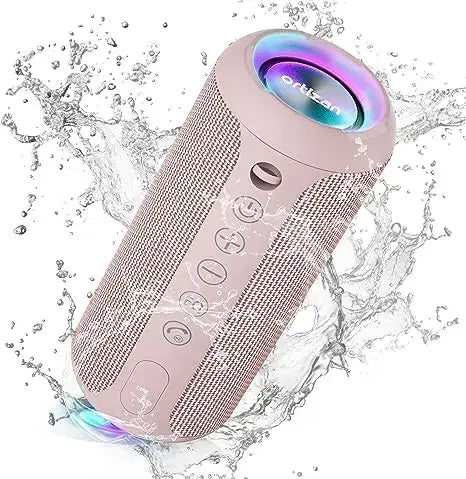 Portable Bluetooth speaker with RGB lights, IPX7 waterproof design, and 360° sound for outdoor use.