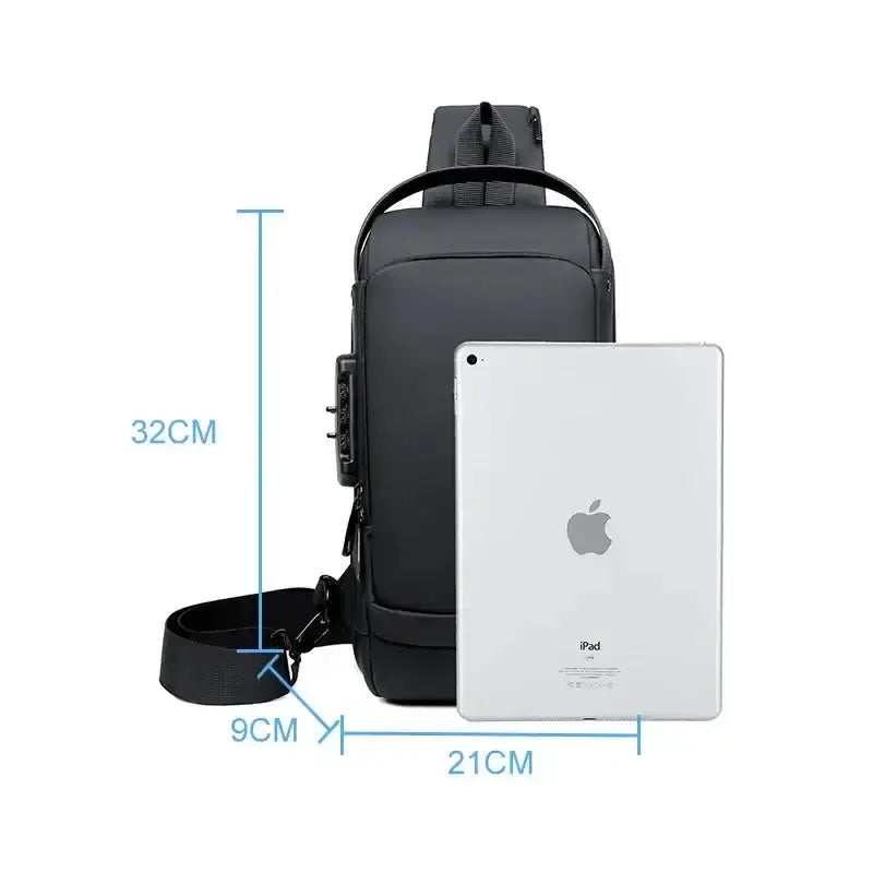 VoltGuard Waterproof Chest Bag dimensions with iPad for scale, showcasing space and design features.