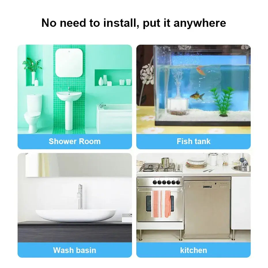 Images of a wireless water leak sensor in various locations: shower room, fish tank, wash basin, and kitchen.