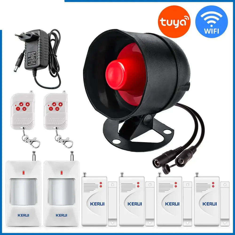 Tuya Smart WiFi Door Alarm System showcasing siren, sensors, and remote controls for easy home security.