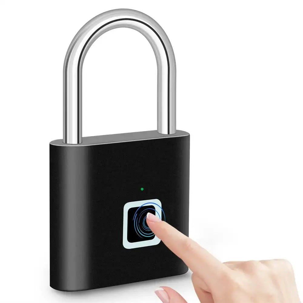 Fingerprint smart padlock with a user activating it, showcasing keyless access and security features.