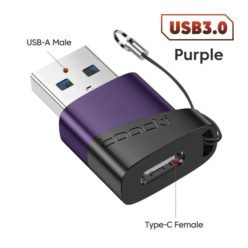 Toocki OTG Adapter showcasing USB-A Male and Type-C Female ports in purple, designed for fast data transfer.