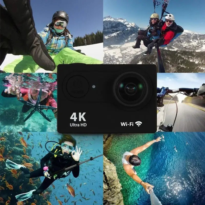 HD Waterproof Sports Action Camera showcasing diverse outdoor activities, including underwater diving and mountains, in 4K Ultra HD.